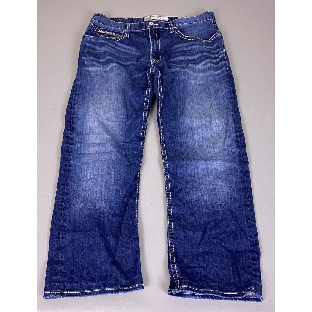 BKE Denim Jake Jeans Men's 36S Short Straight Leg Dark Wash Thick Stitch Blue *